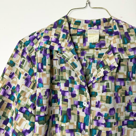 Bleyle VINTAGE teal purple cream block abstract print button up blouse LARGE - Picture 3 of 7